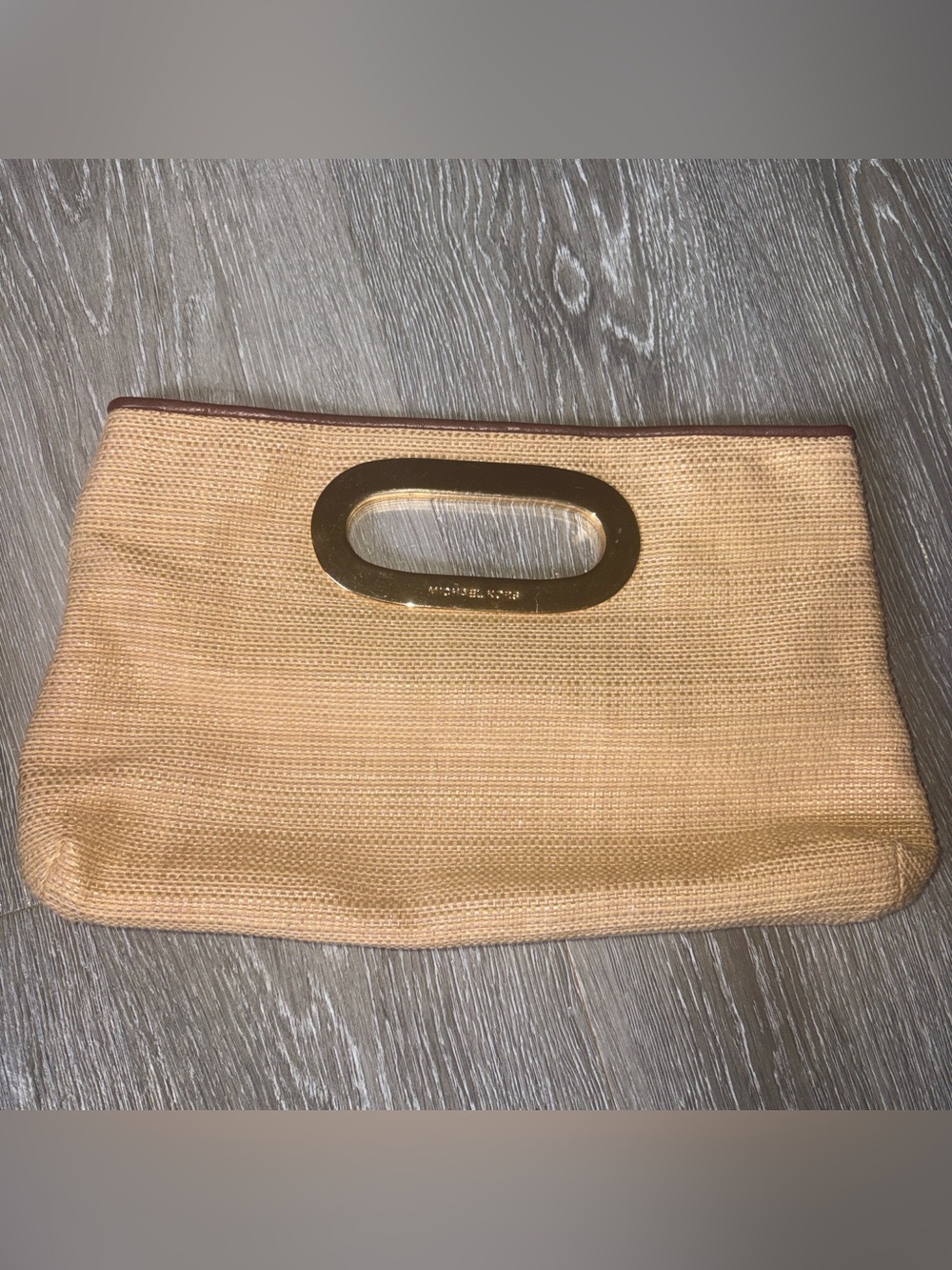 Michael Kors Tan Straw Clutch with Gold Oval Handle